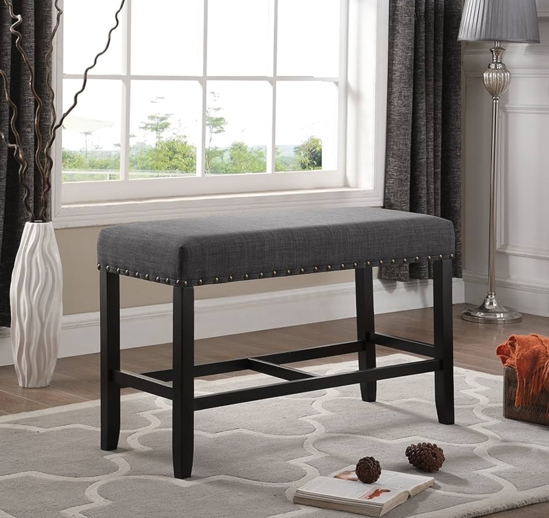 Dining Bench Counter Height Grey Woven Texture Nailhead Trim Backless