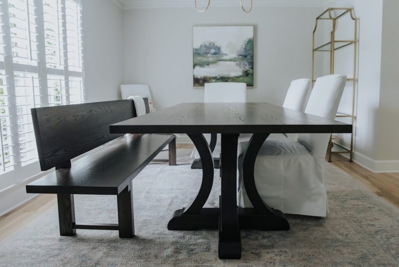 Dining Bench Curved Trestle Base Dark Wood Grain Modern Farmhouse Layout