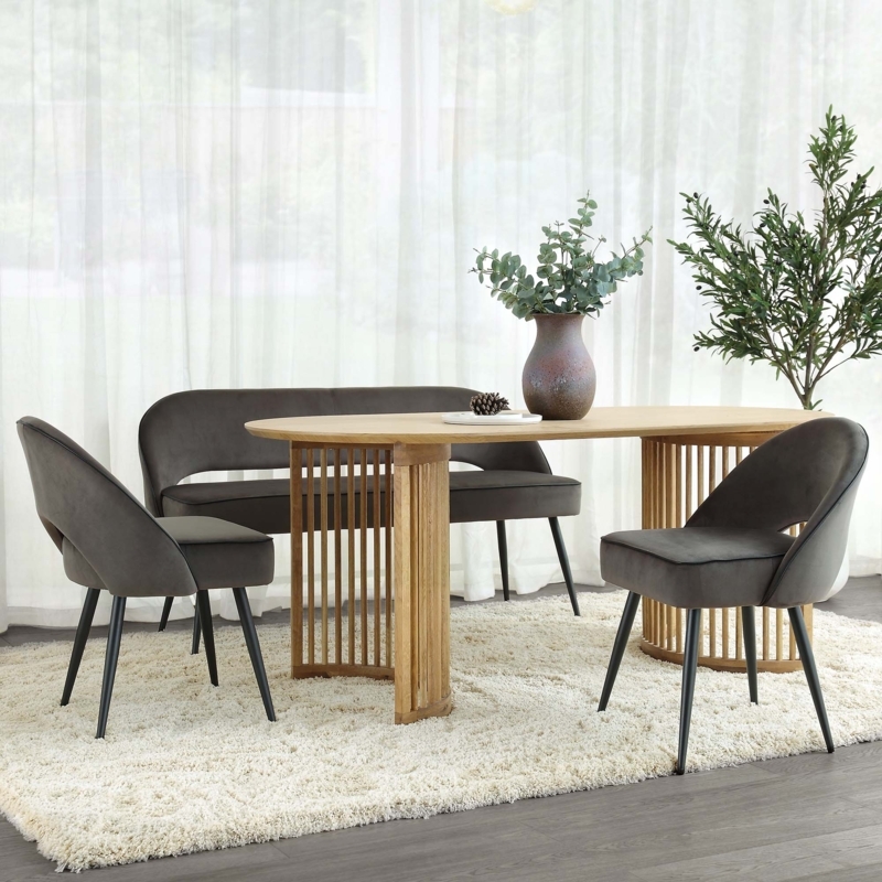 Dining Bench, Dark Gray Velvet with Curved Back