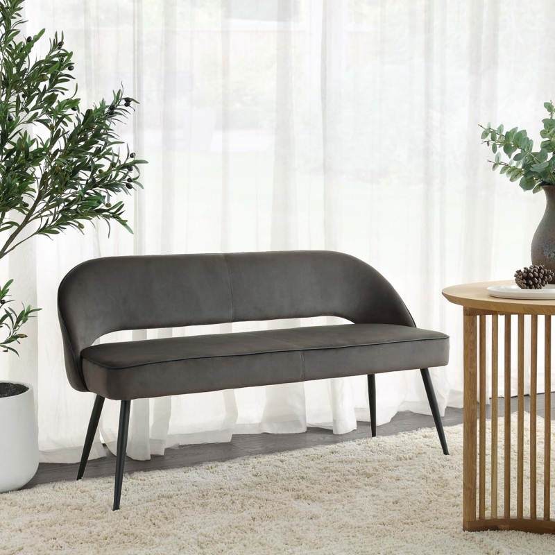 Dining Bench, Dark Gray Velvet with Open Back Design