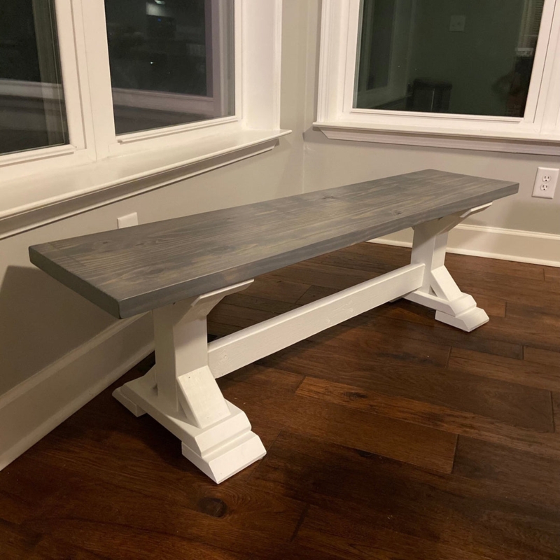Dining Bench Farmhouse Two Tone Finish Chunky Trestle Legs