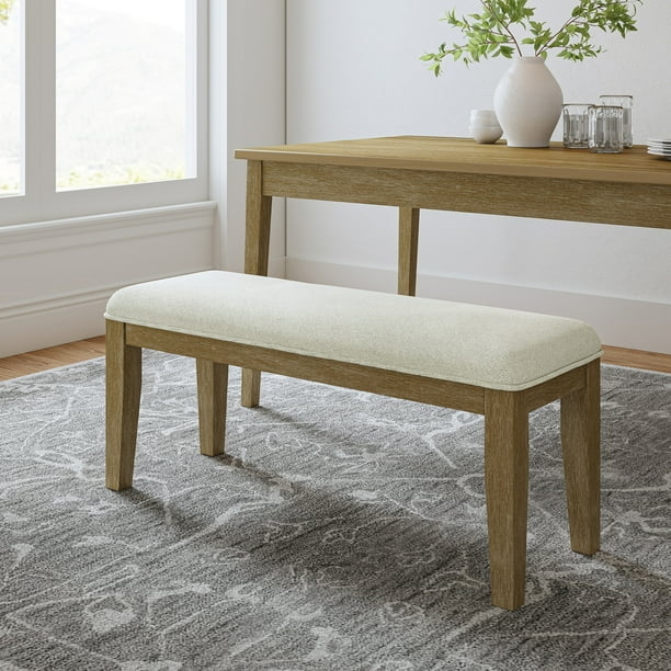Dining Bench featuring Gray Linen Upholstery and Tapered Wood Legs