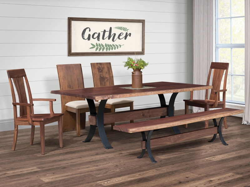 Dining Bench featuring Live Edge Wood, Curved Metal Base, Trestle Design.
