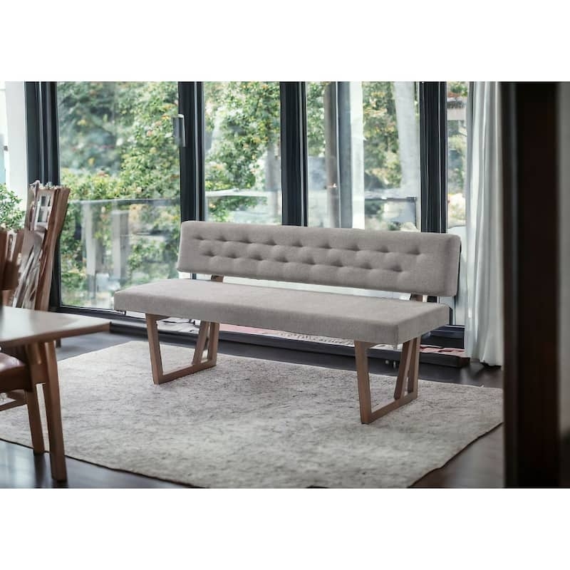 Dining Bench Gray Tufted Backrest Wood Sled Legs Mid Century Modern