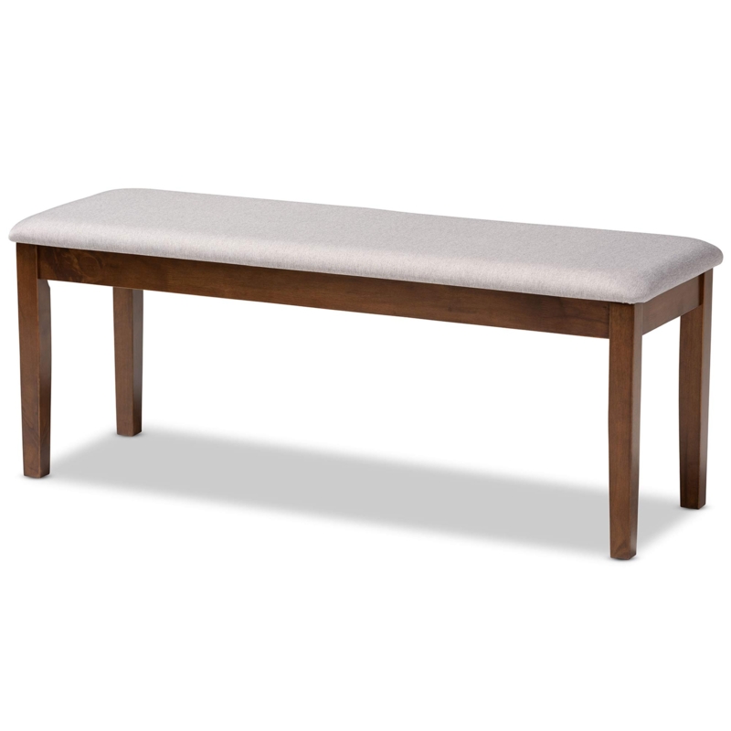 Dining Bench Grey Upholstery Walnut Finish Open Back Slot Curved
