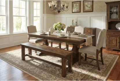 Dining Bench in Trestle Style, Transitional Wood Farmhouse Seating