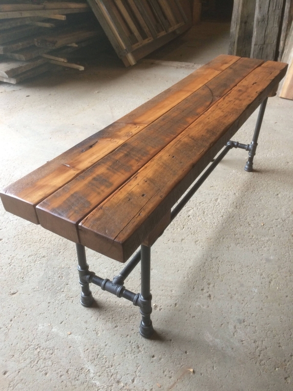 Dining Bench Industrial Plumbing Base Reclaimed Timber Beam Pipe Legs
