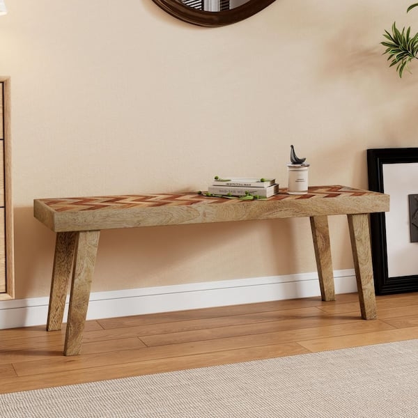 Dining Bench Live Edge Seat Splayed Legs Natural Mango Wood Boho