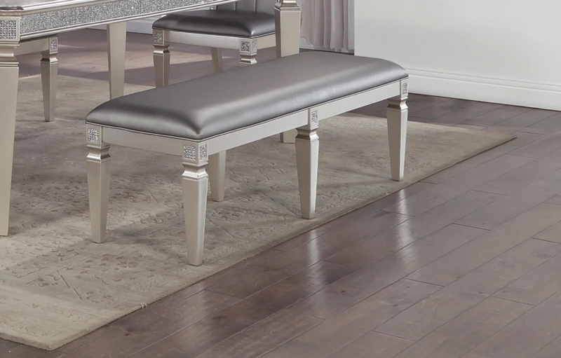 Dining Bench Metallic Silver Finish Sparkling Insets Tapered Legs