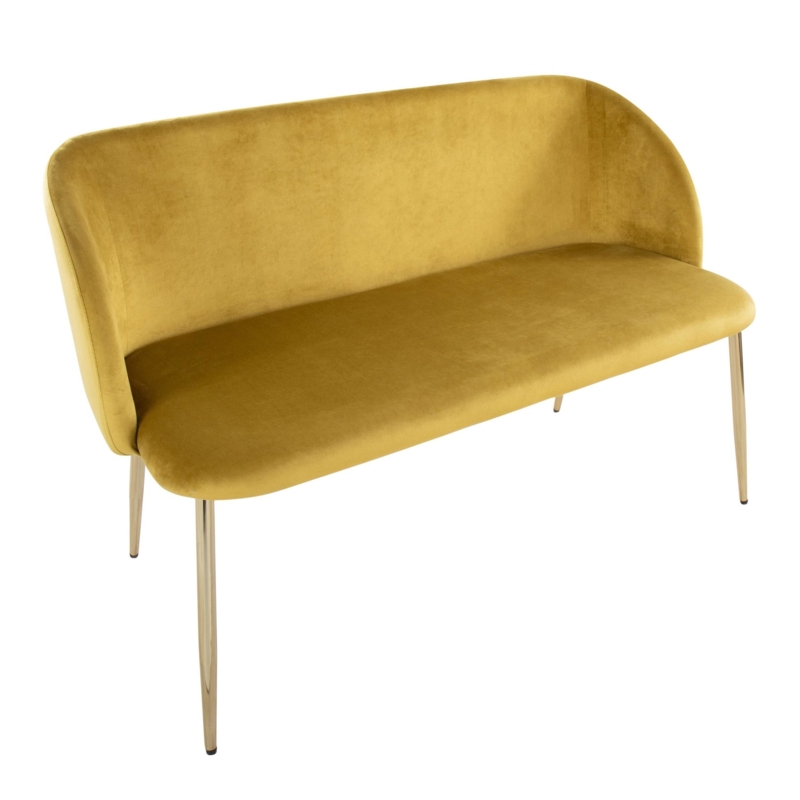 Dining Bench Mustard Yellow Velvet Curved Back Slim Gold Legs