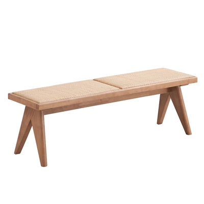Dining Bench, Natural Woven Wicker Seat, Dark Tapered Wood Legs