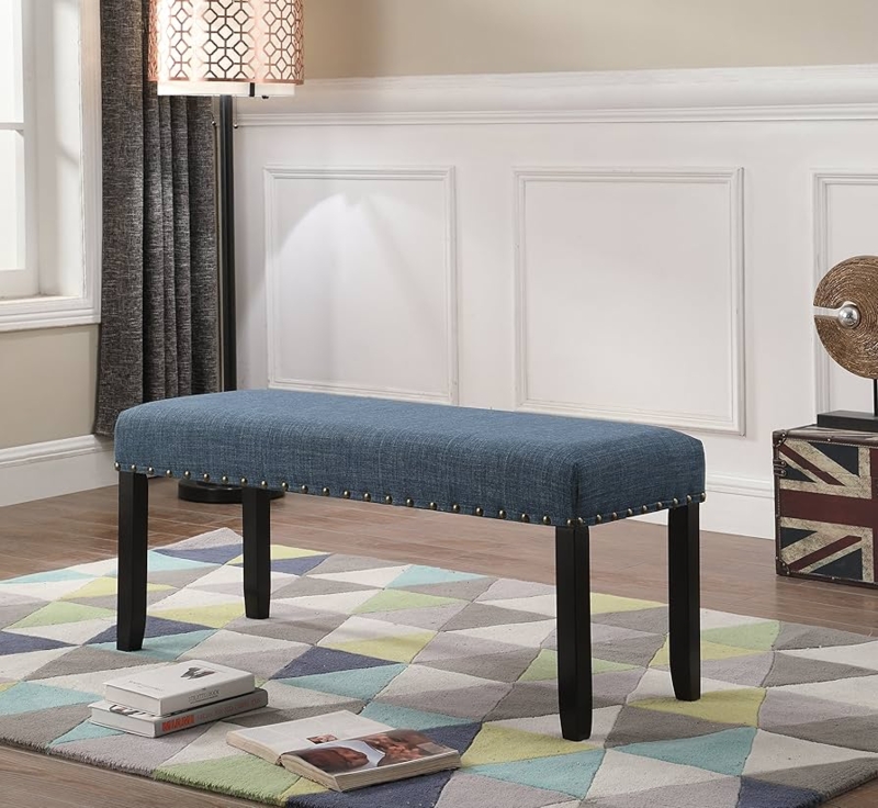 Dining Bench Navy Blue Upholstered Backless Nailhead Trim Tapered Legs