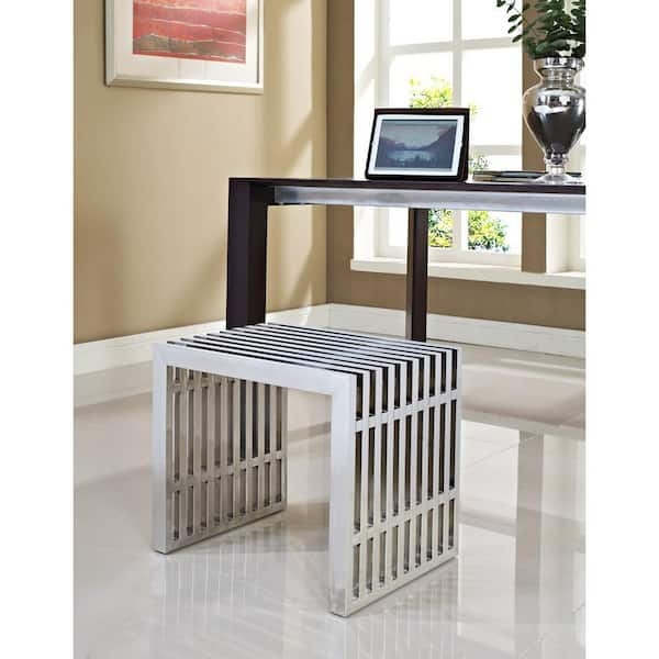 Dining Bench Polished Metal Grid Design Open Slat Sleek