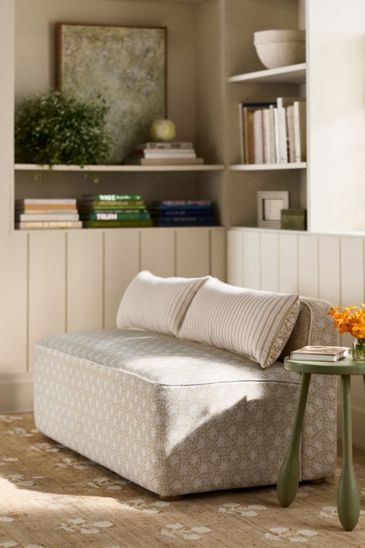 Dining Bench Printed Linen Armless Low Profile Coastal Cottage Beige