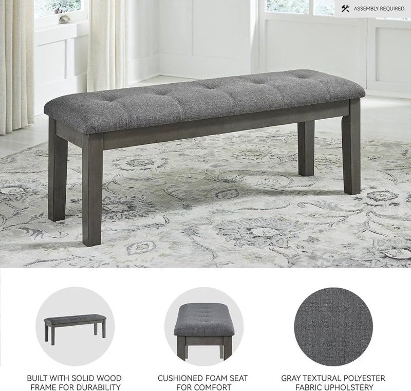 Dining Bench Rustic Button Tufting Charcoal Gray Upholstery