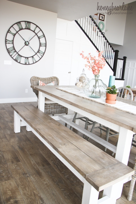 Dining Bench Set Chunky White Legs, Farmhouse Dining Table With Bench