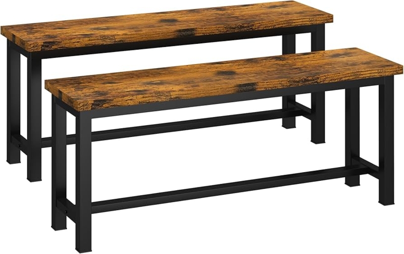 Dining Bench Set of Two, Distressed Wood Finish, Black Metal Frame.