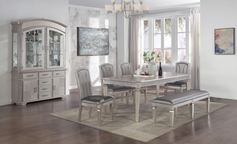 Dining Bench Sparkling Trim Gray Finish Dining Room Set Seating