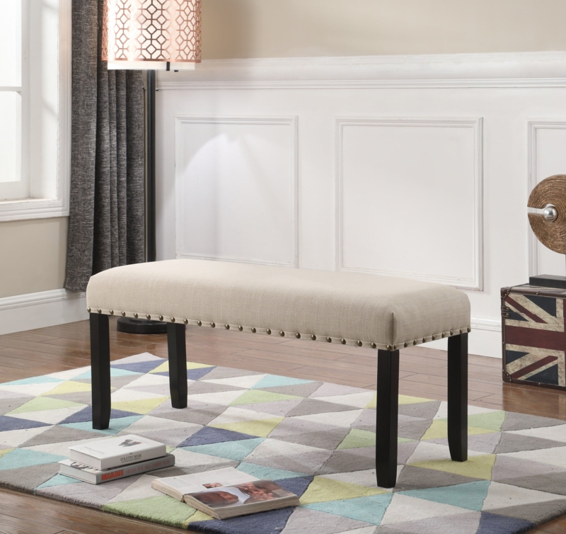 Dining Bench Tan Fabric Backless Design Nailhead Trim Tapered Legs