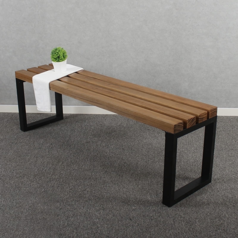 Dining Bench Thick Plank Seat Industrial Modern Matte Black Metal Legs