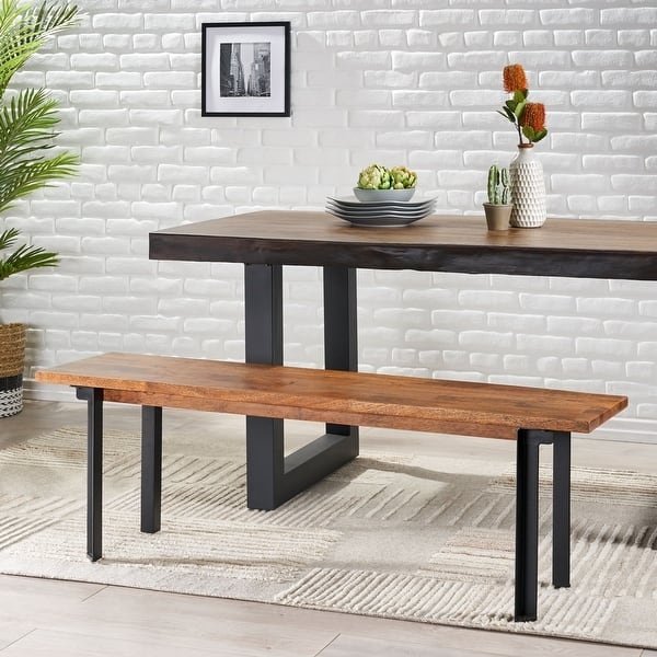 Dining Bench Thick Wood Seat Black Metal U-Shaped Legs Industrial
