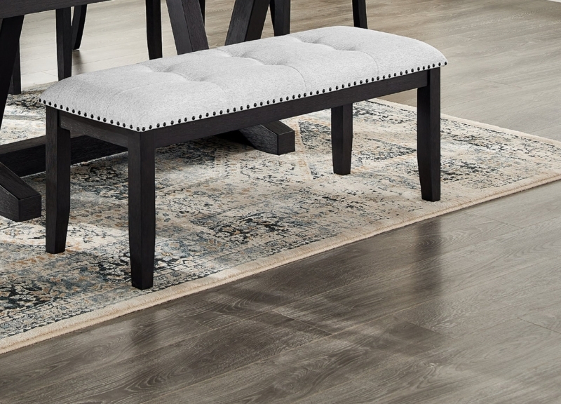 Dining Bench Upholstered in Light Gray with Nailhead Trim