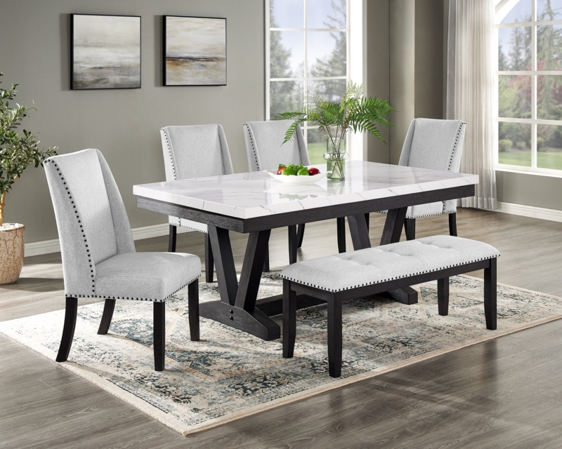Dining Bench with Leg Stretchers and Button Tufting in Gray