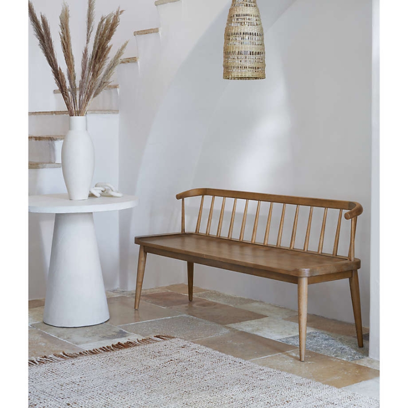 Dining Bench with Spindle Back, Scandinavian Light Wood Entry Seating