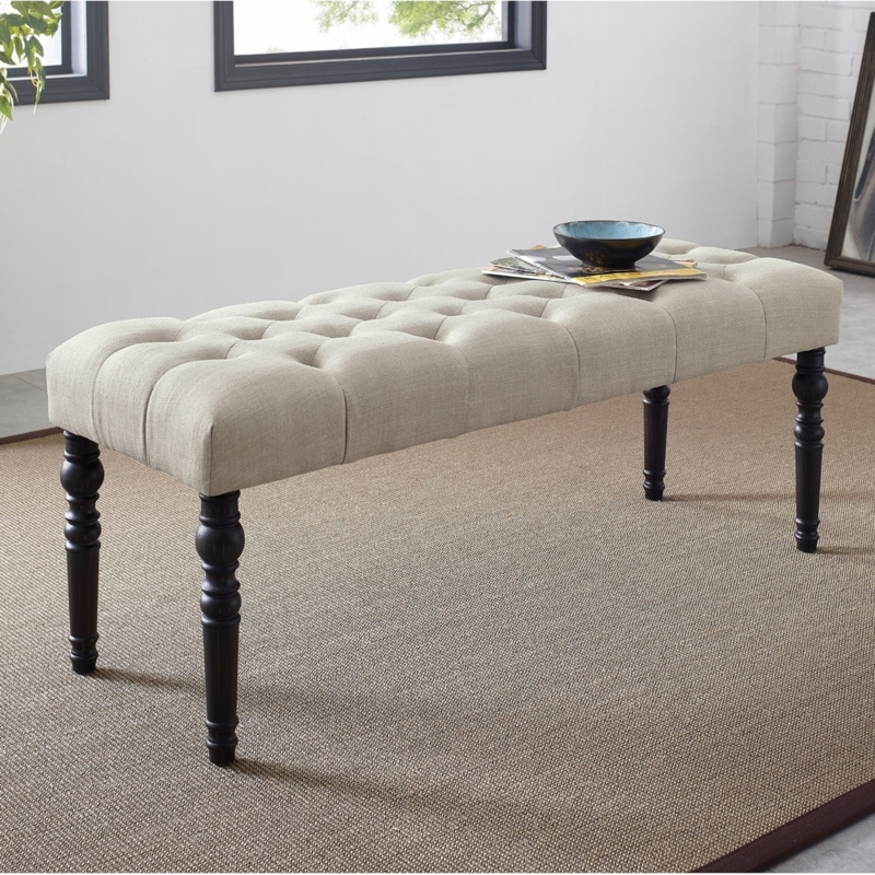 Dining Bench with Turned Legs, Tan Button Tufting Traditional Style