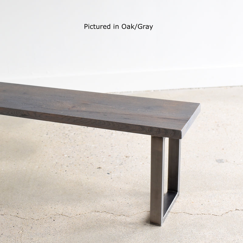 Dining Bench with U-Shaped Metal Legs in Gray Wash Finish