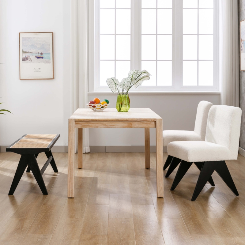 Dining Bench Woven Cane Seat Natural Wood Tapered Legs Scandinavian