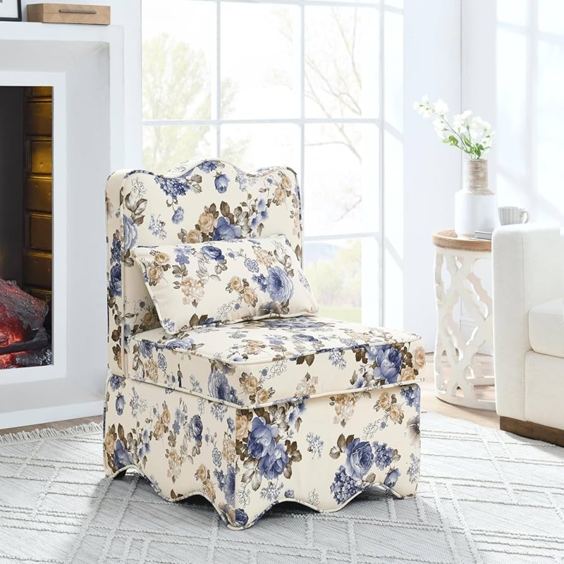 Dining Chair Blue Cream Floral Parsons with Light Wood Legs