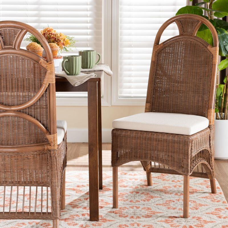 Dining Chair: Boho Coastal High Back with Curved Arms and Cushion.