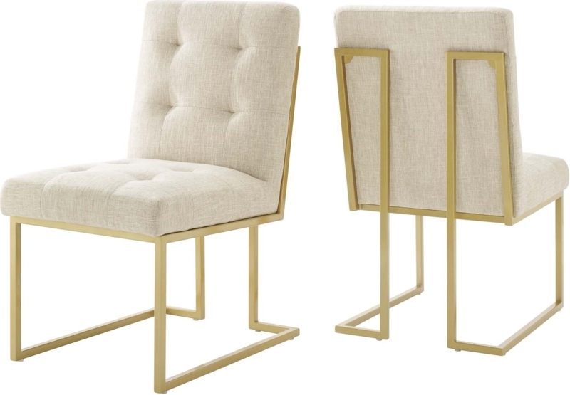 Dining Chair Set Barrel Back Silhouette Beige with Polished Gold Legs
