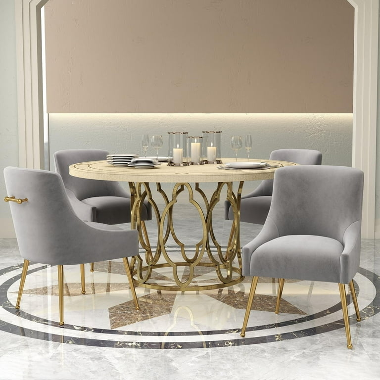 Dining Chair Set Grey Velvet Vertical Channel Tufting Gold Legs