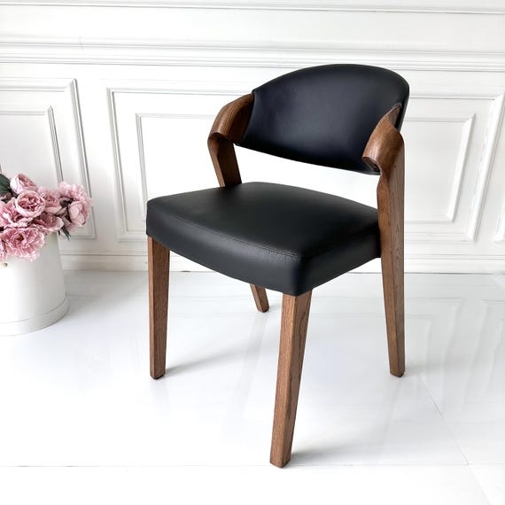 Dining Chairs Brown Leather-Like Warm Wood Frame Curved Back