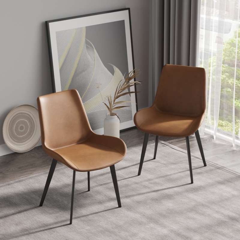 Dining Chairs Set of 4 Cognac Leather-Like Bucket Seat Metal Legs