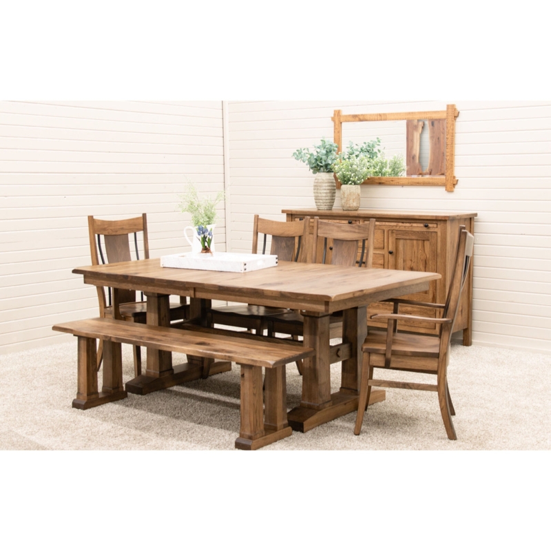 Dining Room Set Trestle Base Rustic Wood Matching Bench Cocoa Finish