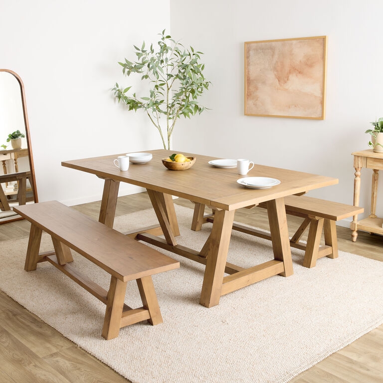 Dining Set Extension Leaves Trestle Base Farmhouse Wood Wheat Tone