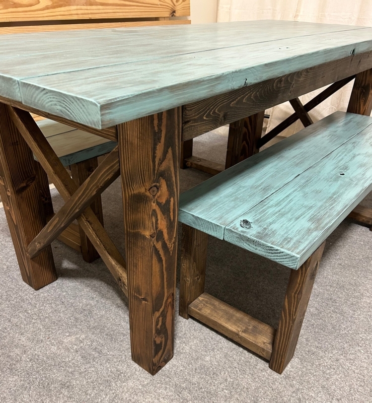 Dining Set: Narrow Depth X-Frame Legs Teal Farmhouse Benches