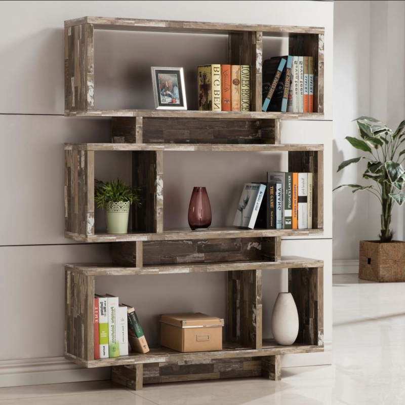 Distressed 3-Tier Bookcase Salvaged Wood Finish Geometric