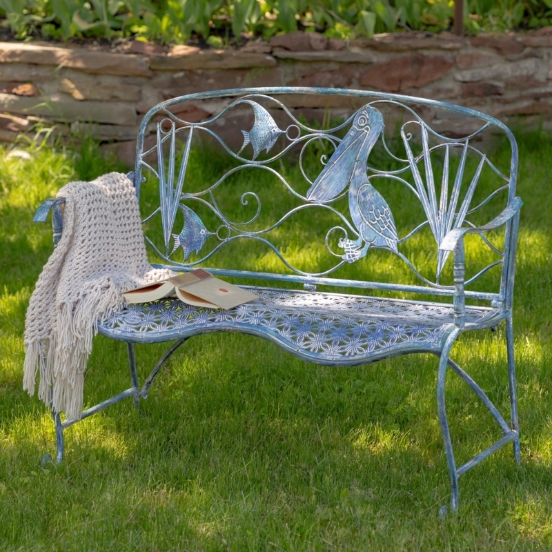 Distressed Blue Metal Garden Bench with Pelican Backrest Design