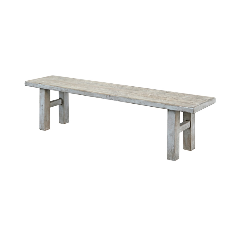 Distressed Wood Bench with Decorative Scroll Details and Splayed Legs