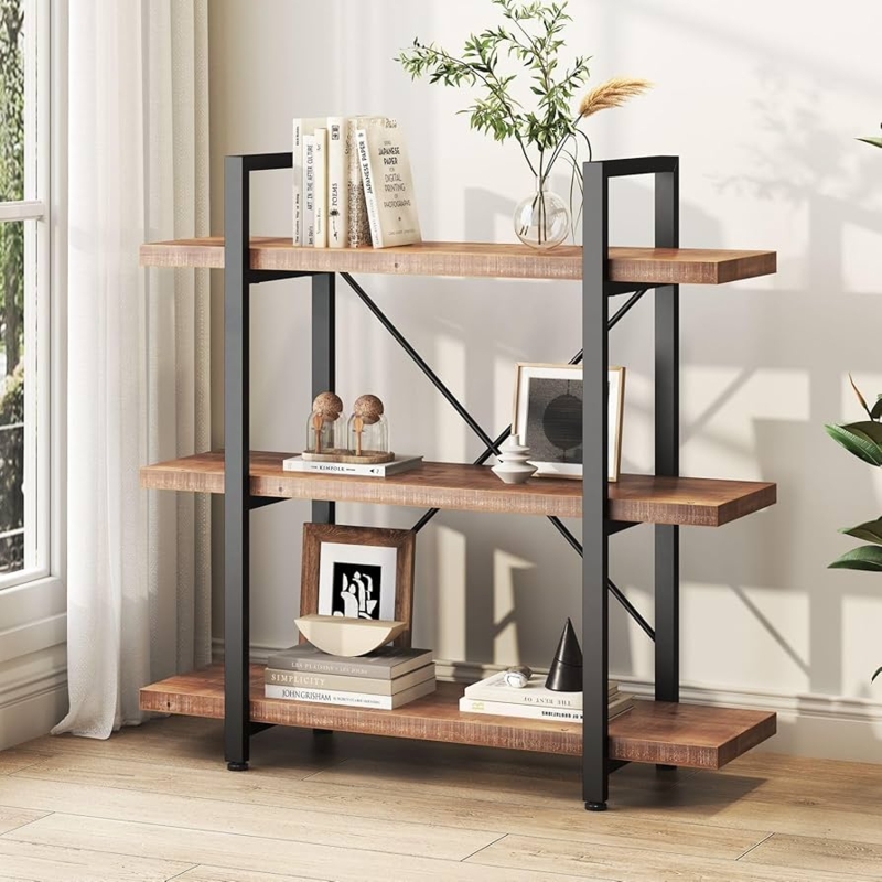 Distressed Wood Bookshelf, 3-Tier Industrial X-Frame Etagere.