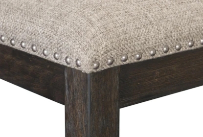 Distressed Wood Dining Bench with Woven Fabric and Nailheads