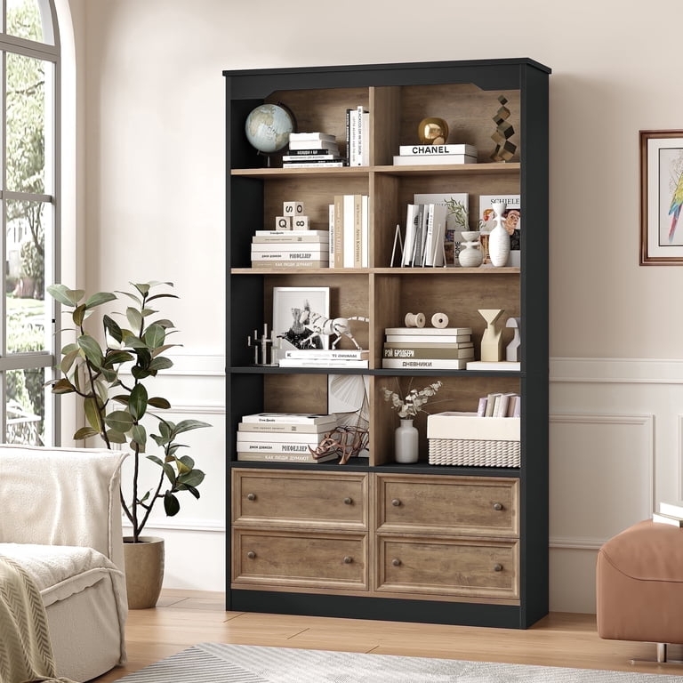 Double Row Oak Bookcase with Integrated Storage Drawers