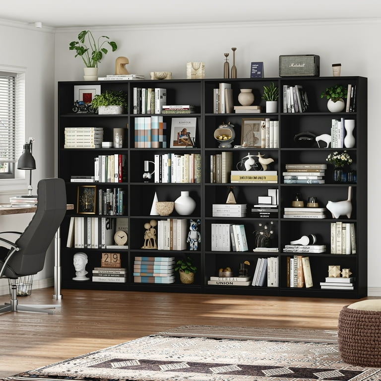 Double Wide Bookcase with Staggered Geometric Shelving, Industrial Style