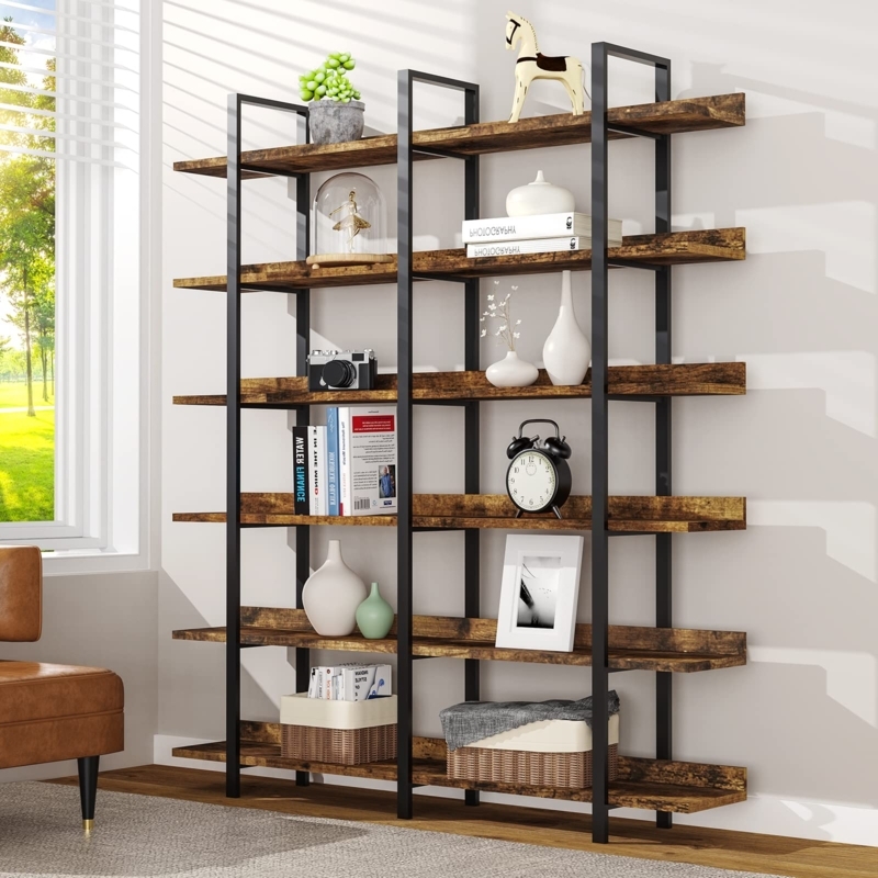 Double Wide Industrial Bookshelf, 6-Tier Rustic Wood and Metal Bookcase.
