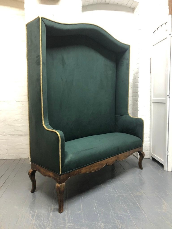 Dramatic High Back Velvet Bench, Gold Piping, Cabriole Legs, Emerald Green