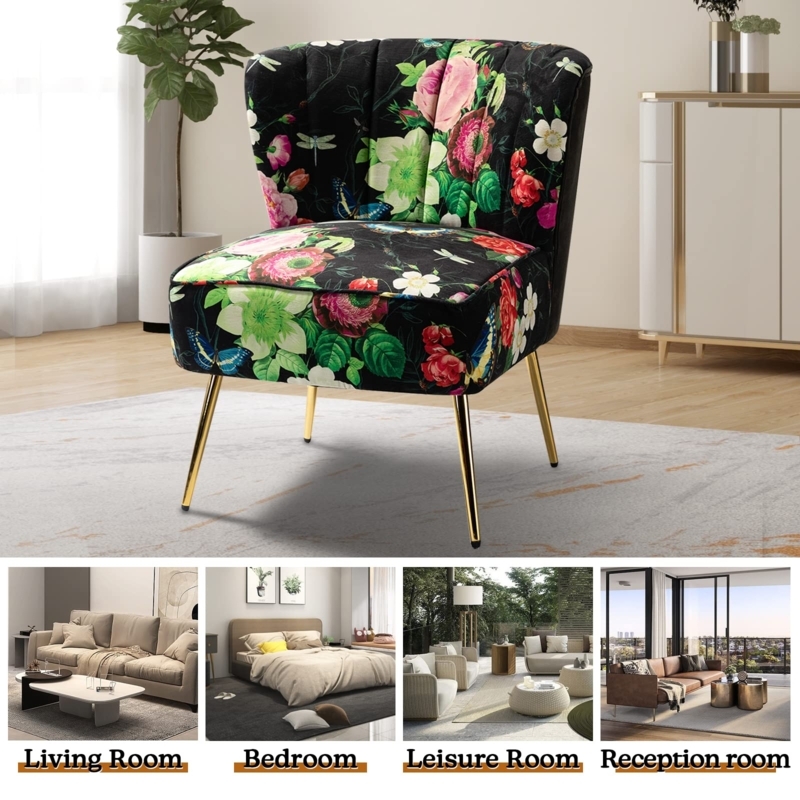 Eclectic Floral Accent Chair Set with Gold Metal Legs and Armless Design
